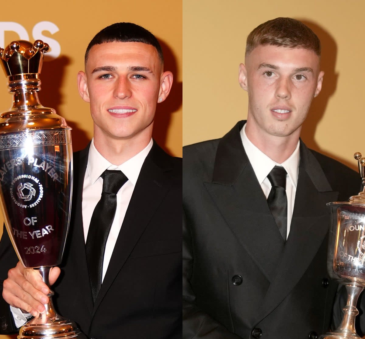 Awards: Phil Foden and Cole Palmer pose with their PFA trophies at the Opera House in Manchester (Getty Images)