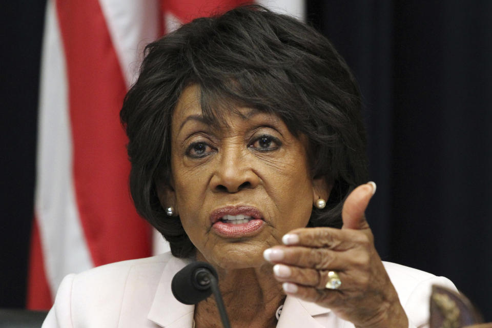 In this June 27, 2018 file photo, House Financial Services Committee ranking member Rep. Maxine Waters, D-Calif., asks a question of Housing and Urban Development Secretary Ben Carson, during a hearing on Capitol Hill in Washington. (AP Photo/Jacquelyn Martin)