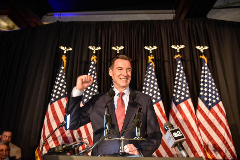 Democratic U.S. House candidate Tom Suozzi celebrates his victory in the special election to replace Republican Rep. George Santos on February 13, 2024, in Woodbury, New York. (Photo by Stephanie Keith/Getty Images)