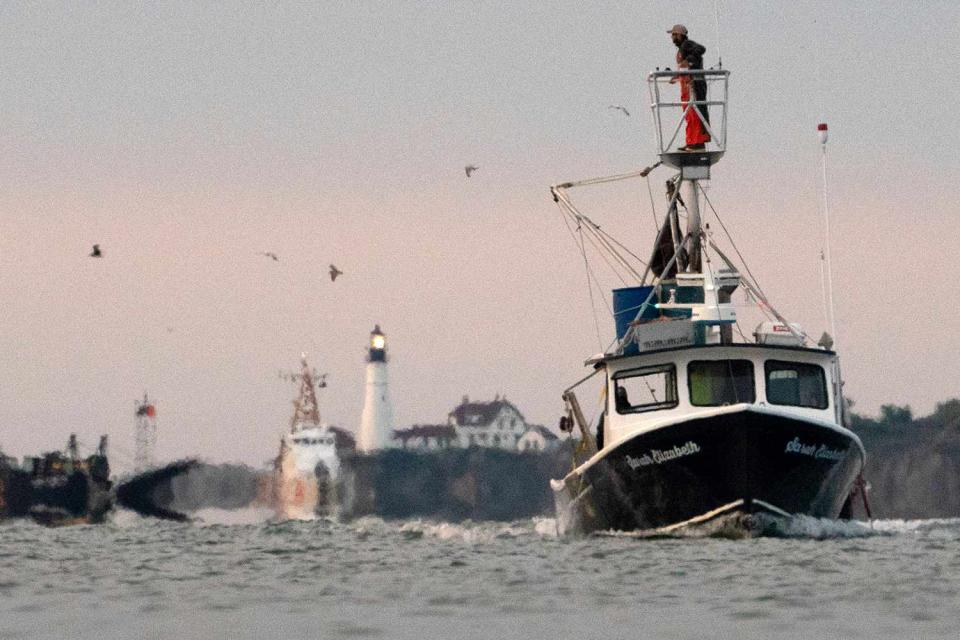<p>Robert F. Bukaty/AP Photo</p> A fisherman on a tower scans the waters of Casco Bay in September 2020, off Portland, Maine. 