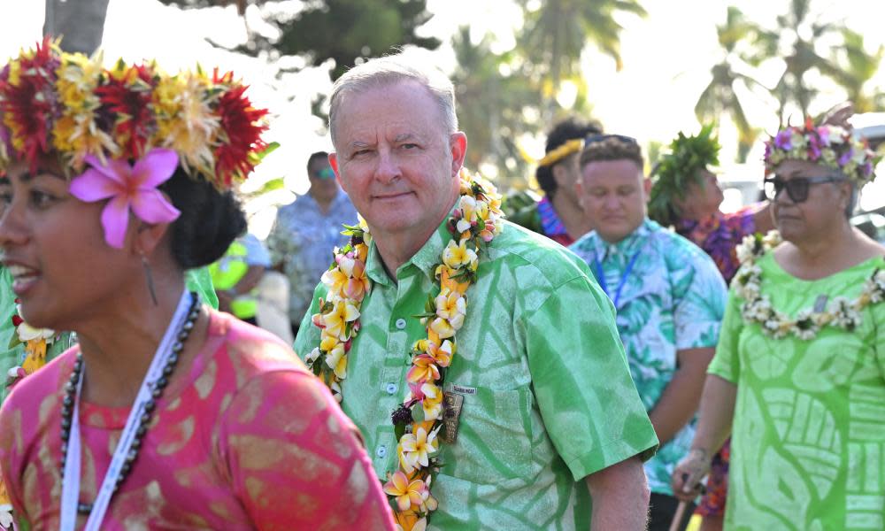The Australian prime minister, Anthony Albanese, pictured at the Pacific Island Forum, says the Treaty of Rarotonga is ‘a good document’ and ‘all of the arrangements that we’ve put in place have been consistent with that’.