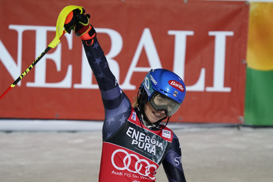 United States' Mikaela Shiffrin reacts after winning an alpine ski, women's World Cup slalom race, in Zagreb, Croatia, Wednesday, Jan. 4, 2023. (AP Photo/Giovanni Auletta)