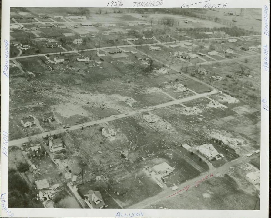 An aerial photo shows the path of destruction left by the 1956 Hudsonville-Standale tornado. (via NWS)