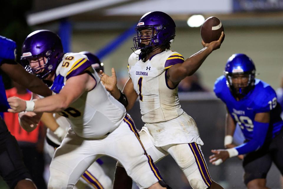 Columbia quarterback Tyler Jefferson (1) throws the ball during a game against Trinity Christian.