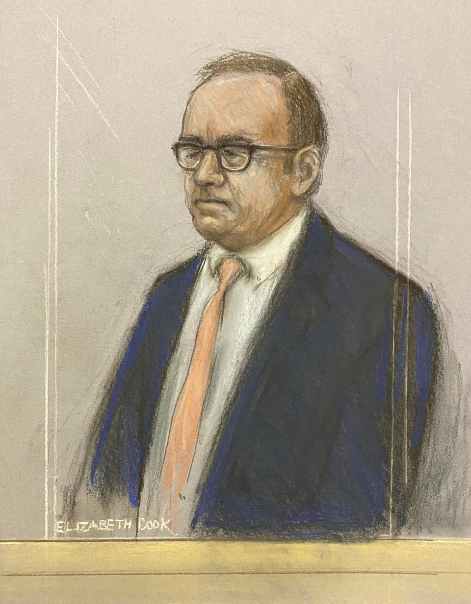 This court artist sketch by Elizabeth Cook shows actor Kevin Spacey appearing at Southwark Crown Court, London, Wednesday June 28, 2023. Two-time Oscar winner Kevin Spacey walked into a London courtroom Wednesday to face trial on charges of sexually assaulting four men as long as two decades ago. (Elizabeth Cook/PA via AP)