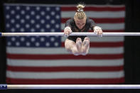 Jade Carey competes on the uneven bars during the U.S. Gymnastics Championships on Friday, Aug. 19, 2022, in Tampa, Fla.(AP Photo/Mike Carlson)