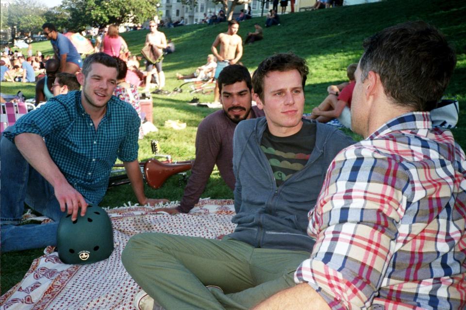 Russell Tovey, Raúl Castillo and Jonathan Groff shooting a scene in Dolores Park.
