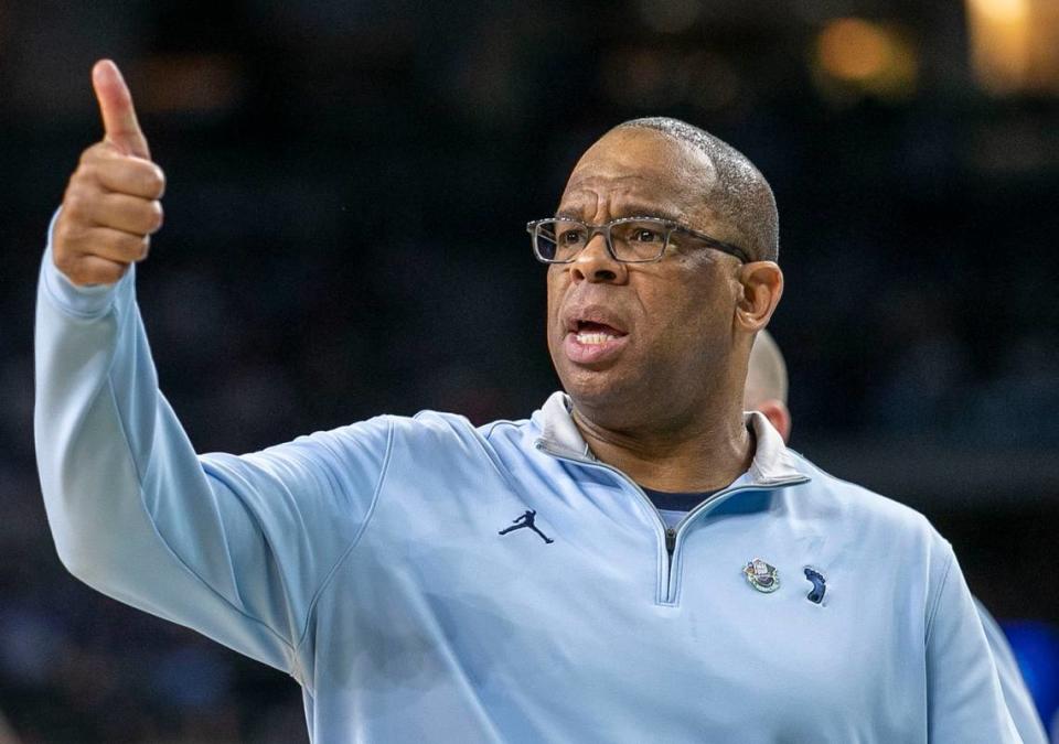 North Carolina head coach Hubert Davis directs his team on defense in the first half against Kansas during the NCAA Championship game on Monday, April 4, 2022 at Caesars Superdome in New Orleans, La.