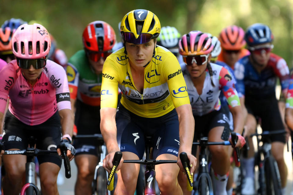 ALBI FRANCE  JULY 27 Lotte Kopecky of Belgium and Team SD Worx  Protime  Yellow Leader Jersey leads the peloton during the 2nd Tour de France Femmes 2023 Stage 5 a 1261km stage from OnetleChteau to Albi 572m  UCIWWT  on July 27 2023 in Albi France Photo by Alex BroadwayGetty Images