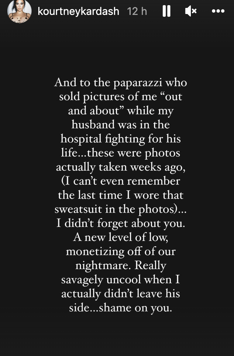 Kardashian shared a blistering note calling out paparazzi who sold old photos of her during Barker's hospitalization. (Screenshot: Instagram Stories/Kourtney Kardashian)