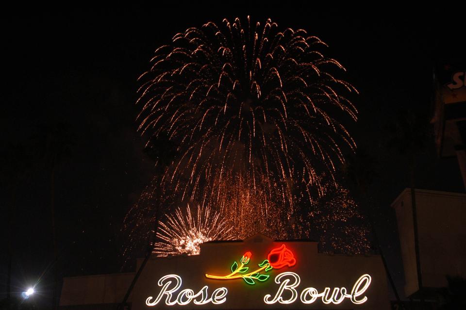 Fireworks explode over the Rose Bowl during 4th of July Taste of America.