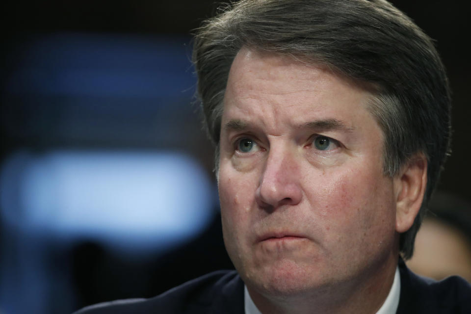 FILE - In this Sept. 6, 2018, file photo, President Donald Trump's Supreme Court nominee, Brett Kavanaugh testifies before the Senate Judiciary Committee on Capitol Hill in Washington, for the third day of his confirmation hearing to replace retired Justice Anthony Kennedy. Christine Blasey Ford, the woman accusing Kavanaugh of sexual misconduct when they were teenagers has come forward to The Washington Post. (AP Photo/Alex Brandon, File)