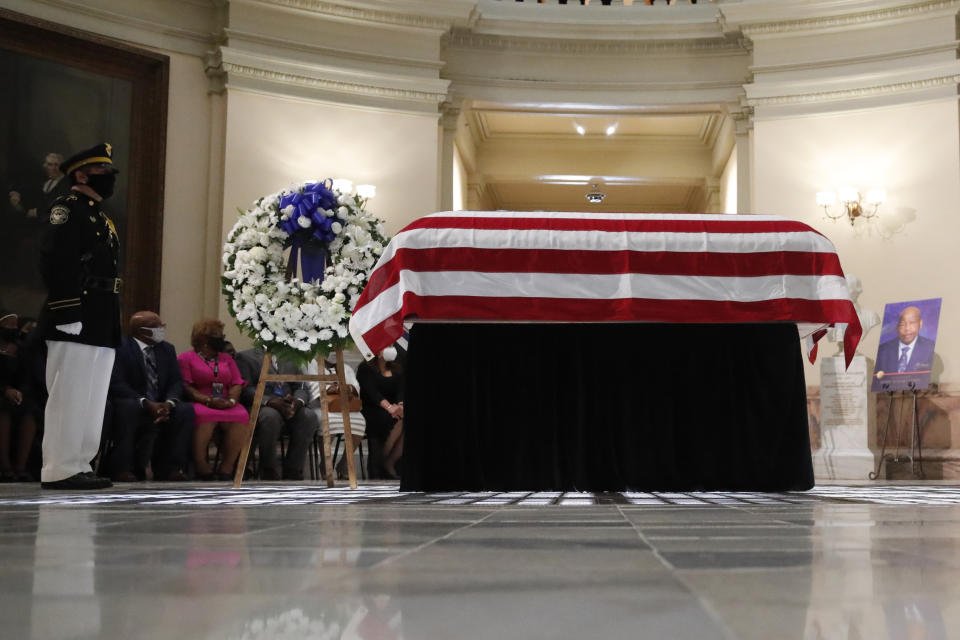 Rep. John Lewis lies in repose at the state capital, Wednesday, July 29, 2020, in Atlanta. Lewis, who carried the struggle against racial discrimination from Southern battlegrounds of the 1960s to the halls of Congress, died Friday, July 17, 2020. (AP Photo/John Bazemore, Pool)