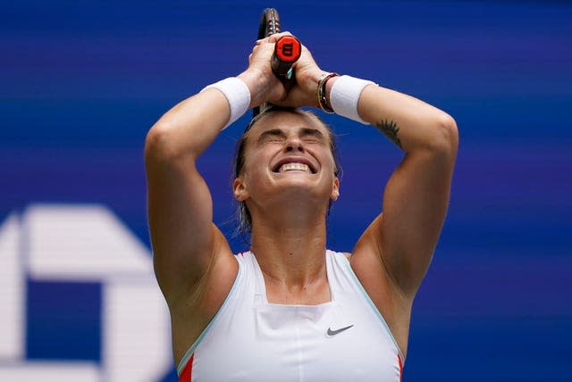 Aryna Sabalenka celebrates her win over Karolina Pliskova