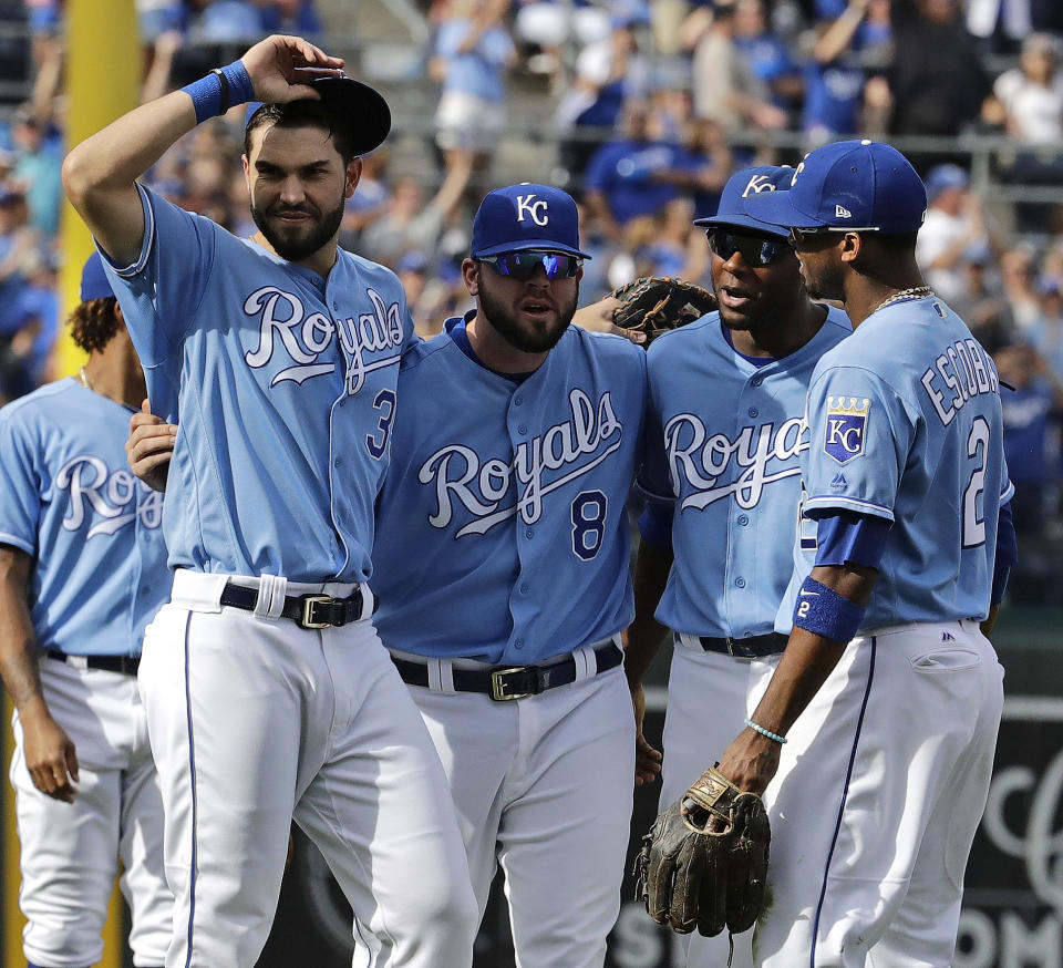 Four key members of the Royals’ core said goodbye to the fans for what could be the final time. (AP Photo/Charlie Riedel)