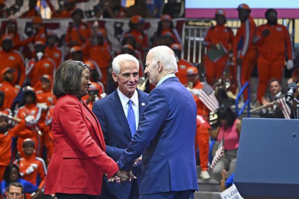 PHOTO:  Rep. Val Demings, a democrat from Florida, Charlie Crist, Democratic gubernatorial candidate for Florida, and President Joe Biden, participate in a DNC rally in Miami Gardens, Fla., Nov. 1, 2022.   (Bloomberg via Getty Images)