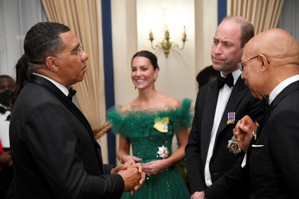 The Duke and Duchess of Cambridge (centre) talk with Jamaica’s Prime Minister Andrew Holness (left) and the Governor General of Jamaica Patrick Allen (right) (Toby Melville/PA) (PA Wire)