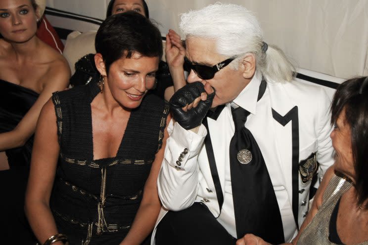 Former Chanel CEO Maureen Chiquet and Chanel designer Karl Lagerfeld at the Chanel 2008 Cruise Collection after-party in 2008. (Photo: Getty Images)