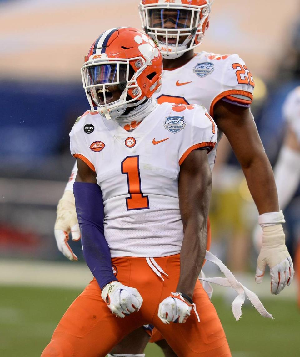Clemson Tigers cornerback Deion Kendrick celebrates his sack of Notre Dame quarterback Ian Book during second quarter action at Bank of America Stadium on Saturday, December 19, 2020 in Charlotte, NC. The Clemson Tigers and Notre Dame Fighting Irish faced off in the ACC Championship game.