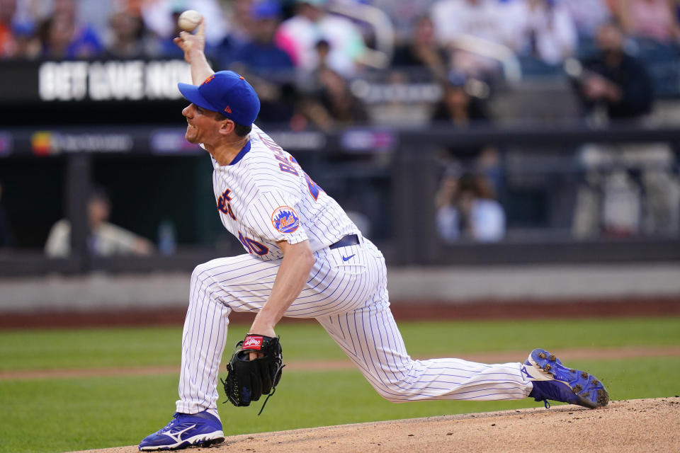 New York Mets' Chris Bassitt pitches during the first inning of a baseball game against the San Diego Padres, Saturday, July 23, 2022, in New York. (AP Photo/Frank Franklin II)