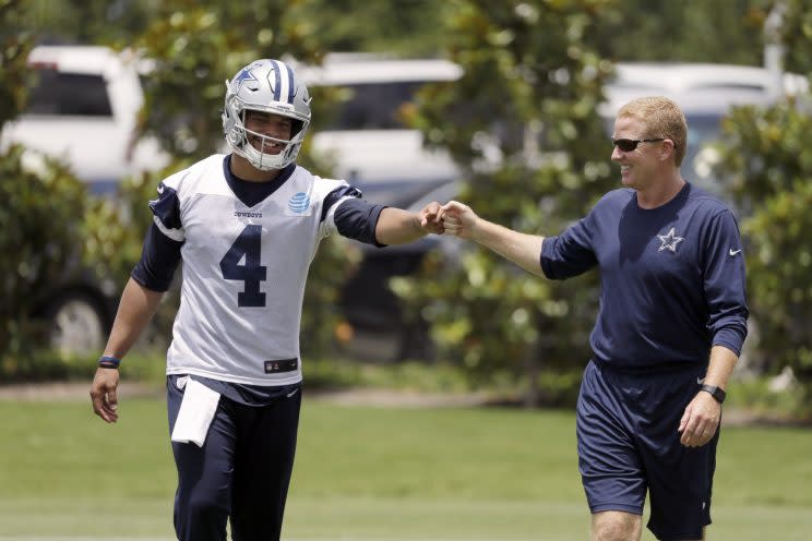 Dak Prescott and head coach Jason Garrett appear to be on good terms at minicamp this week. (AP) 