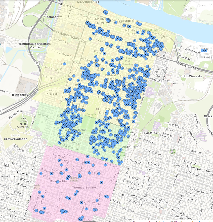 Short-term vacation rentals dot Savannah's historic district and other historic neighborhoods.