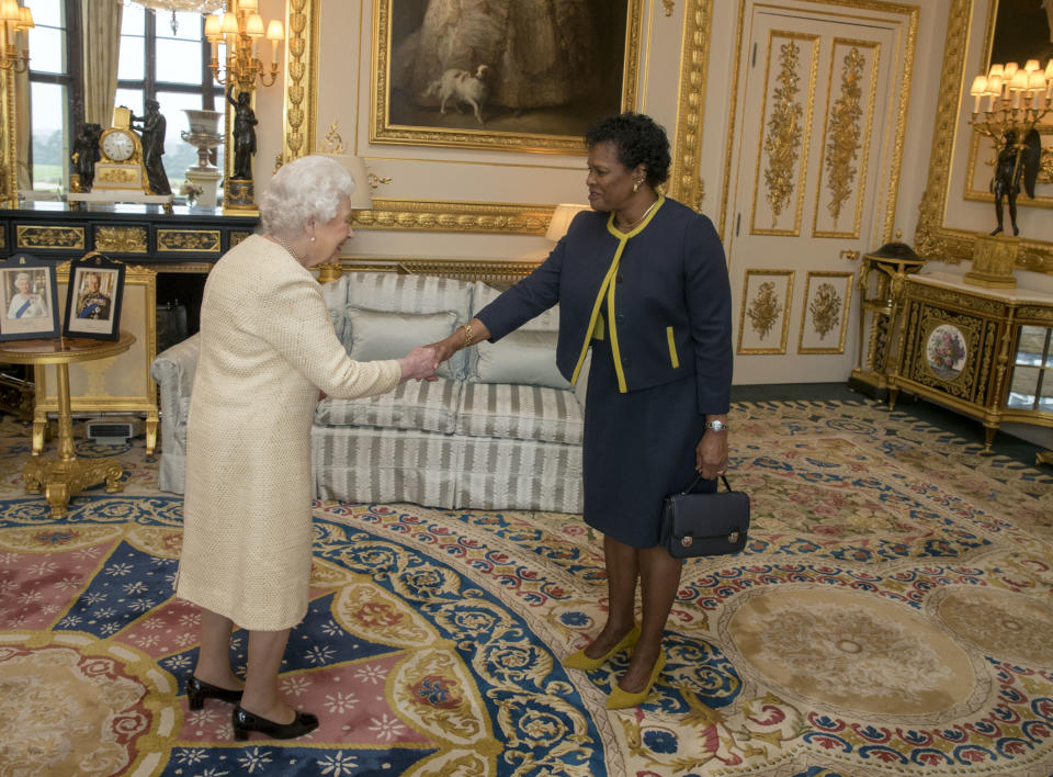 LONDON, UNITED KINGDOM - MARCH 28:  Queen Elizabeth II receives Governor-General of Barbados Dame Sandra Mason during a private audience at Buckingham Palace on March 28, 2018 in London, England. (Photo by Steve Parsons - WPA Pool/Getty Images)