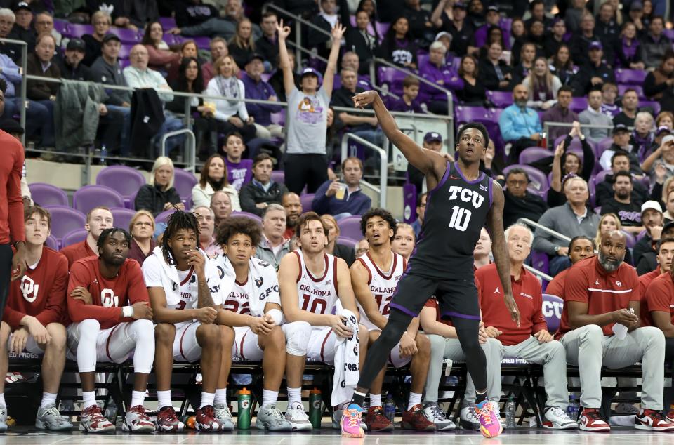 Jan 24, 2023; Fort Worth, Texas, USA;  TCU Horned Frogs guard Damion Baugh (10) reacts after scoring during the first half against the Oklahoma Sooners at Ed and Rae Schollmaier Arena. Mandatory Credit: Kevin Jairaj-USA TODAY Sports