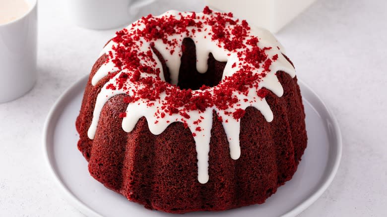 Red velvet Bundt cake with crumbs on top