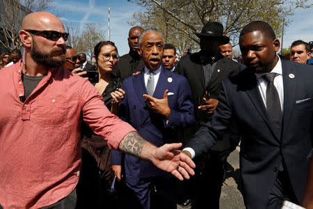 Rev. Al Sharpton speaks to media at the funeral of police shooting victim Stephon Clark, in Sacramento, California, U.S., March 29, 2018. REUTERS/Bob Strong