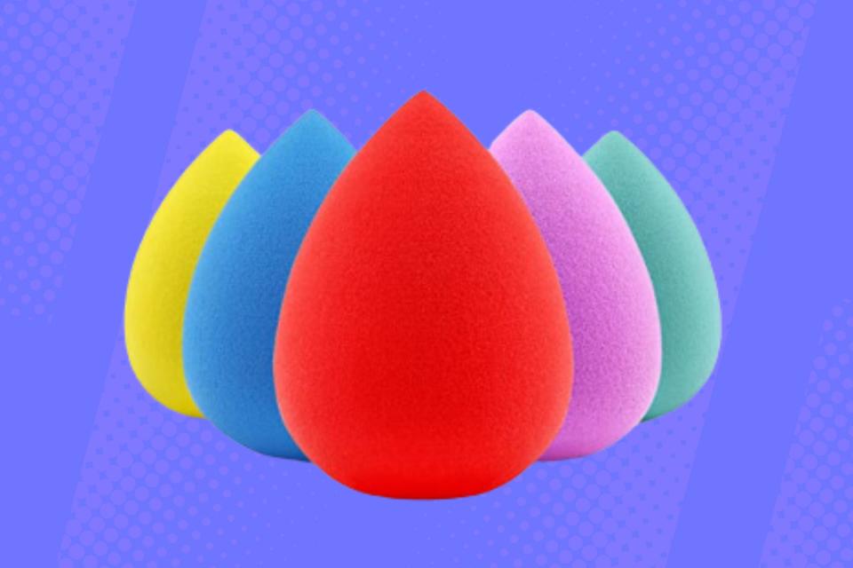 Five makeup sponges in various colors.