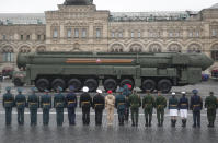 Russian RS-24 Yars ballistic missile rolls in Red Square during the Victory Day military parade in Moscow, Russia, Sunday, May 9, 2021, marking the 76th anniversary of the end of World War II in Europe. (AP Photo)