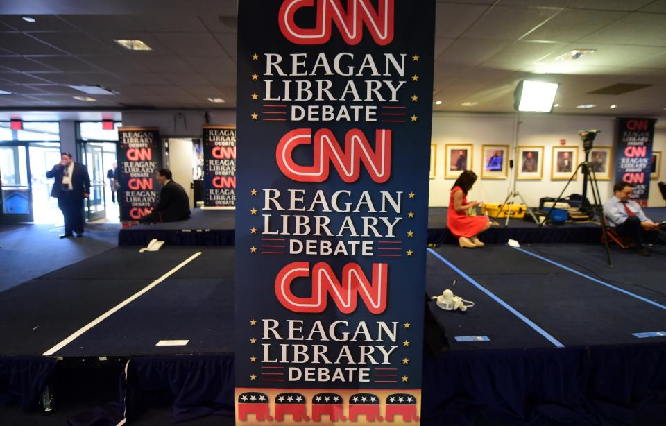 Journalists wait in the Spin Room at the Ronald Reagan Presidential Library in Simi Valley, California, on Sept. 16, 2015, ahead of the&nbsp;Republican presidential debates.