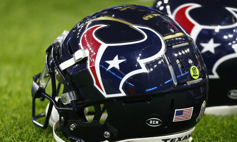 A closeup of a Houston Texans helmet.