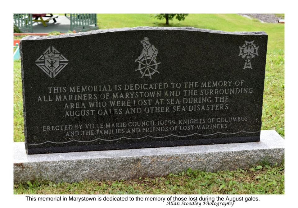 This memorial to all mariners of Marystown and surrounding areas, who were lost at sea during the August Gale of 1935 and other sea disasters, was erected by the Ville Marie Council of the Knights of Columbus and the families and friends of lost mariners.