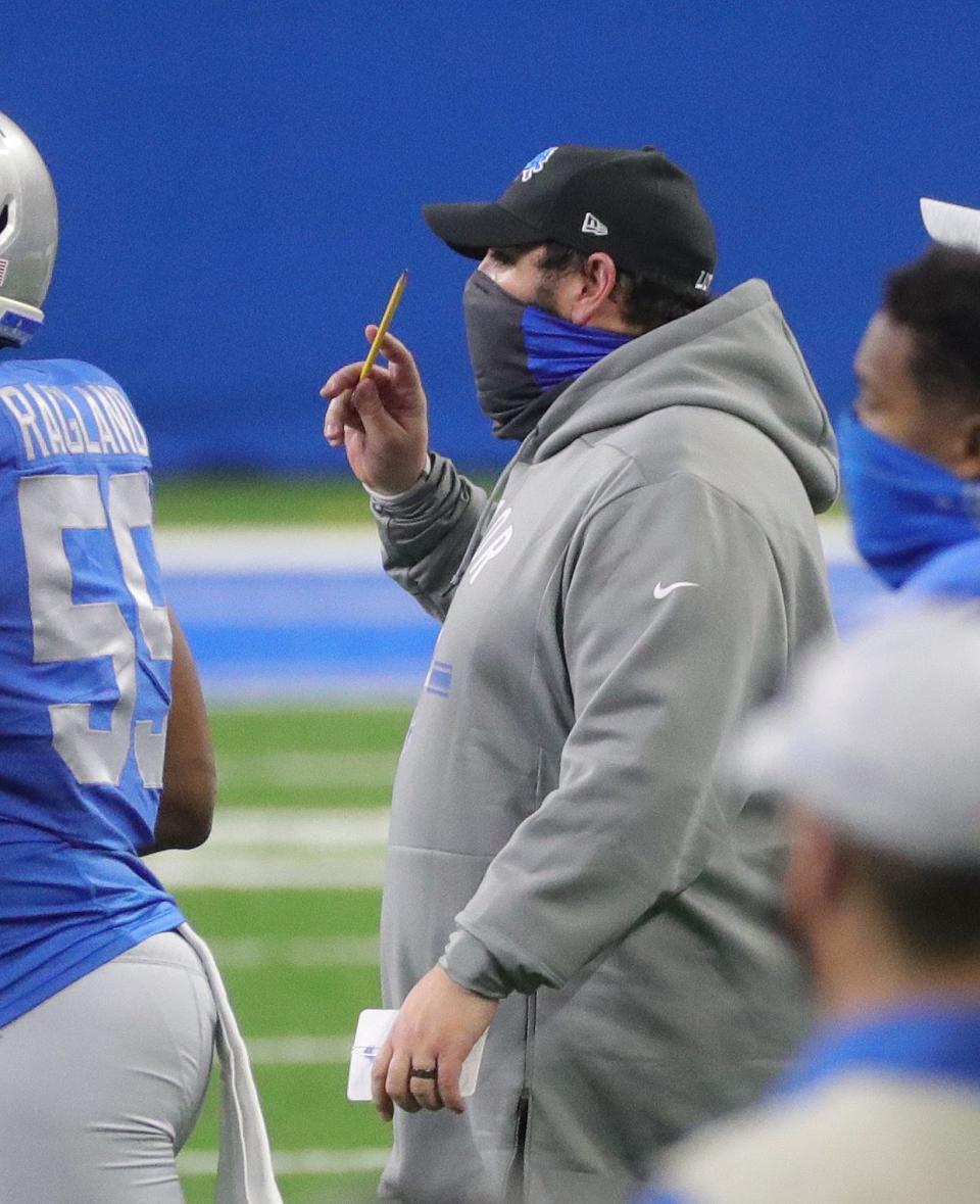 Lions coach Matt Patricia walks off the field after the Lions' 41-25 loss at Ford Field Thursday, Nov. 26, 2020.