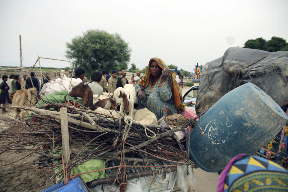 A displaced family ride on a cart while traveling to a safe area after fleeing their flood-hit homes, in Dadu district of Sindh Province in southern Pakistan, Saturday, Aug. 27, 2022. Officials say flash floods triggered by heavy monsoon rains across much of Pakistan have killed nearly 1,000 people and displaced thousands more since mid-June. (AP Photo/Pervez Masih)