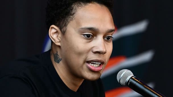 PHOTO: Basketball player Brittney Griner, of the Phoenix Mercury, speaks during a news conference at the Footprint Center in Phoenix, April 27, 2023. (Patrick T. Fallon/AFP via Getty Images)
