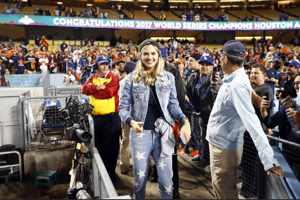 <p>Kate Upton a looks on after the Astros defeated the Los Angeles Dodgers in Game 7 of the 2017 World Series at Dodger Stadium on Wednesday, November 1, 2017 in Los Angeles, California. (Photo by Rob Tringali/MLB Photos via Getty Images) </p>