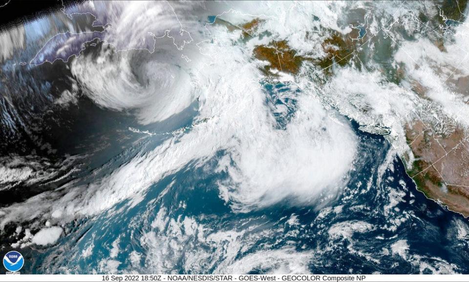 This image provided by the National Hurricane Center and Central Pacific Hurricane Center/National Oceanic and Atmospheric Administration shows a satellite view over Alaska, Friday, Sept. 16, 2022.