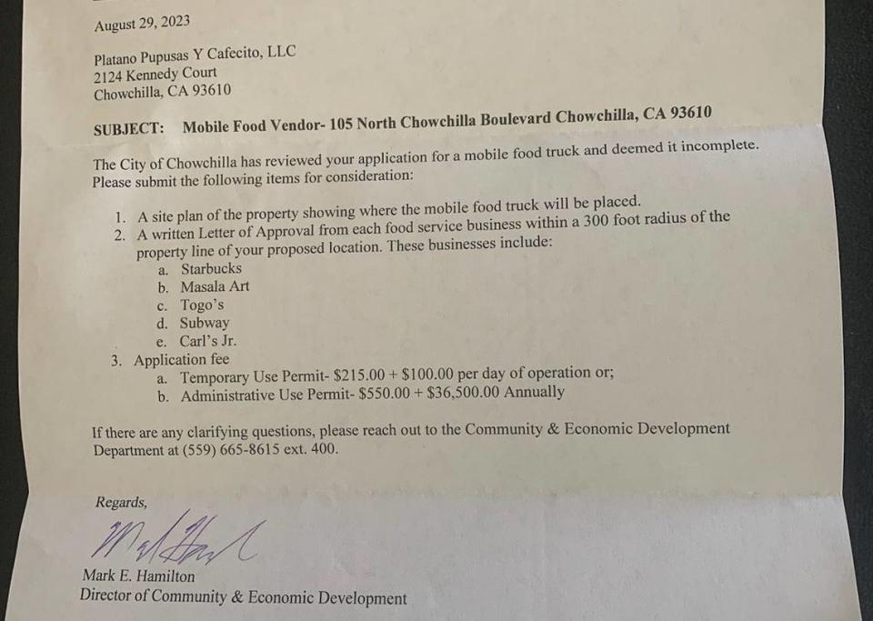 A city letter to Plátano, Pupusas Y Cafecito on Aug. 29 shows the $100 food truck owners must pay per day of operation in Chowchilla. An annual permit would cost food truck owners $36,500.