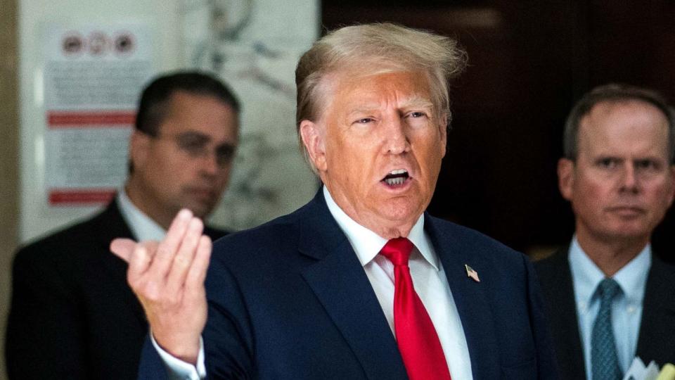 PHOTO: Former President Donald Trump speaks at a Manhattan courthouse, where he attends the trial of himself, his adult sons, the Trump Organization and others in a civil fraud case, in New York, on Oct. 3, 2023. (Eduardo Munoz/Reuters)