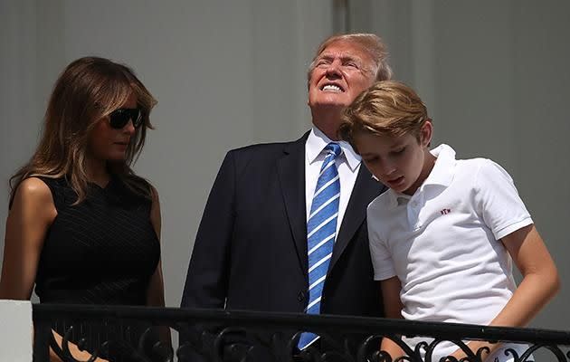 He was pictured on the balcony of The White House with Melania and Baron. Photo: Getty Images