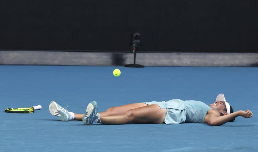 Jennifer Brady celebrates after defeating Karolina Muchova in their semifinal match at the Australian Open