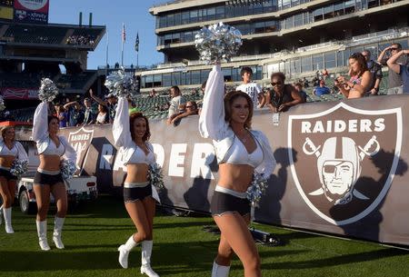 Aug 28, 2014; Oakland, CA, USA; Oakland Raiders cheerleaders before the game against the Seattle Seahawks at O.co Coliseum. Mandatory Credit: Kirby Lee-USA TODAY Sports
