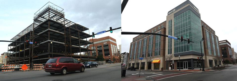 In 2014, a new office building was going up at the corner of Princess and Third streets in downtown Wilmington. The building, shown on the right in 2024, serves as a branch of Truist Bank among other offices.