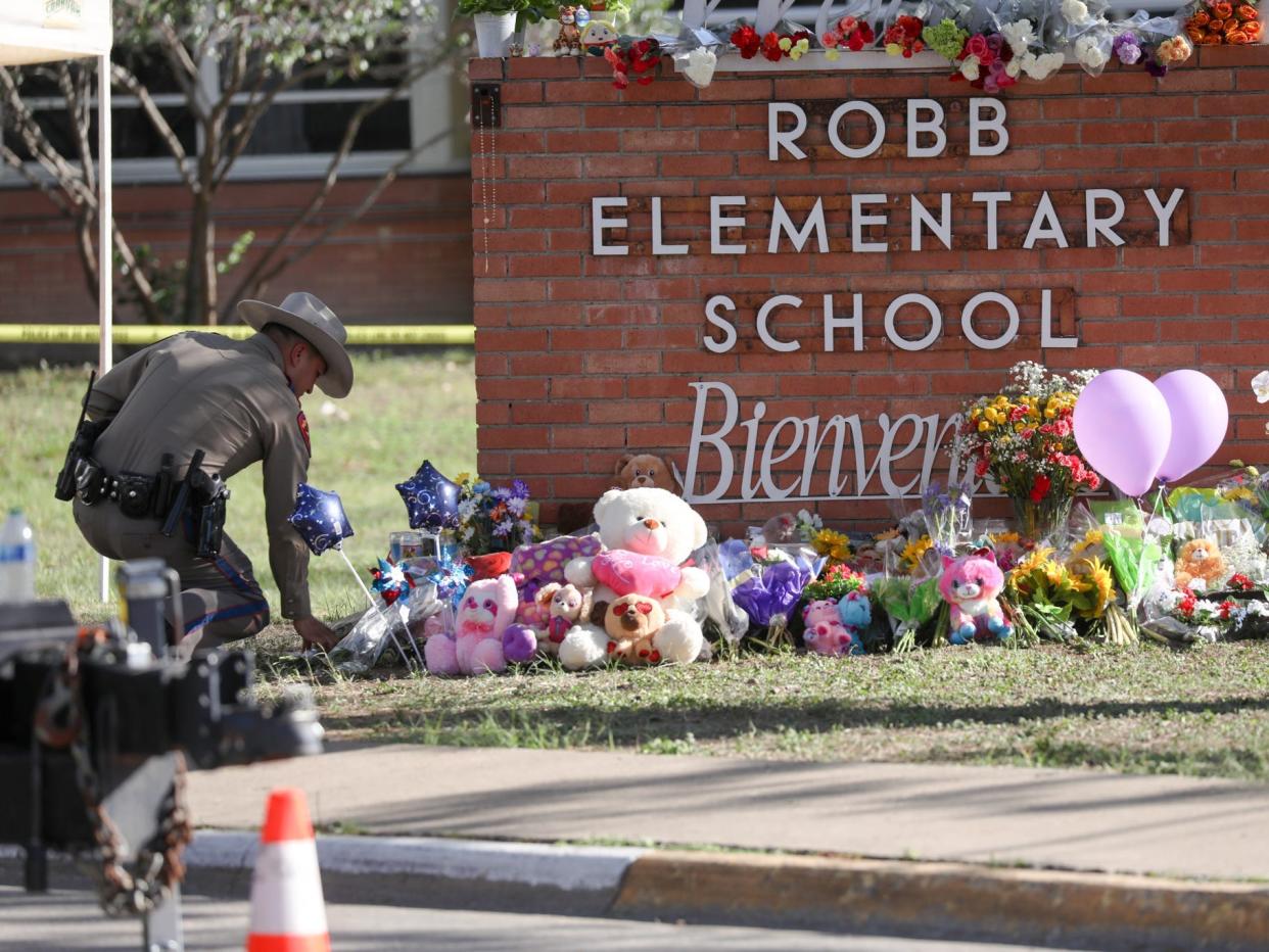 A view from the makeshift memorial in front of Robb Elementary School in Uvalde, Texas, on May 25, 2022.