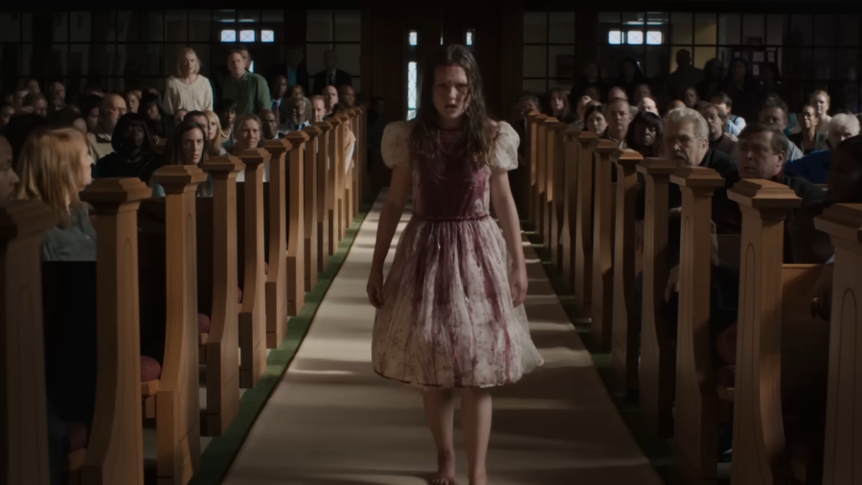  A girl covered in blood in the trailer for The Exorcist: Believer. 