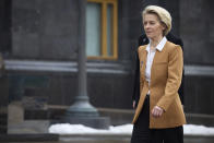 European Commission President Ursula von der Leyen before her meeting with Ukrainian President Volodymyr Zelenskyy during the EU-Ukraine summit in Kyiv, Ukraine, Thursday, Feb. 2, 2023. ((Ukrainian Presidential Press Office via AP)