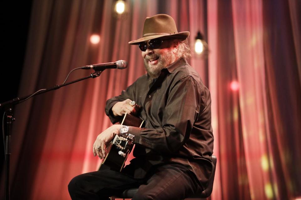 Hank Williams Jr. tapes a segment for Dolly Parton's Smoky Mountain Rise Telethon Tuesday, Dec. 13, 2016, in Nashville, Tenn. Parton has lined up an all-star list of performers for a three-hour telethon to raise money for thousands of people whose homes were damaged or destroyed in Tennessee wildfires. (AP Photo/Mark Humphrey)